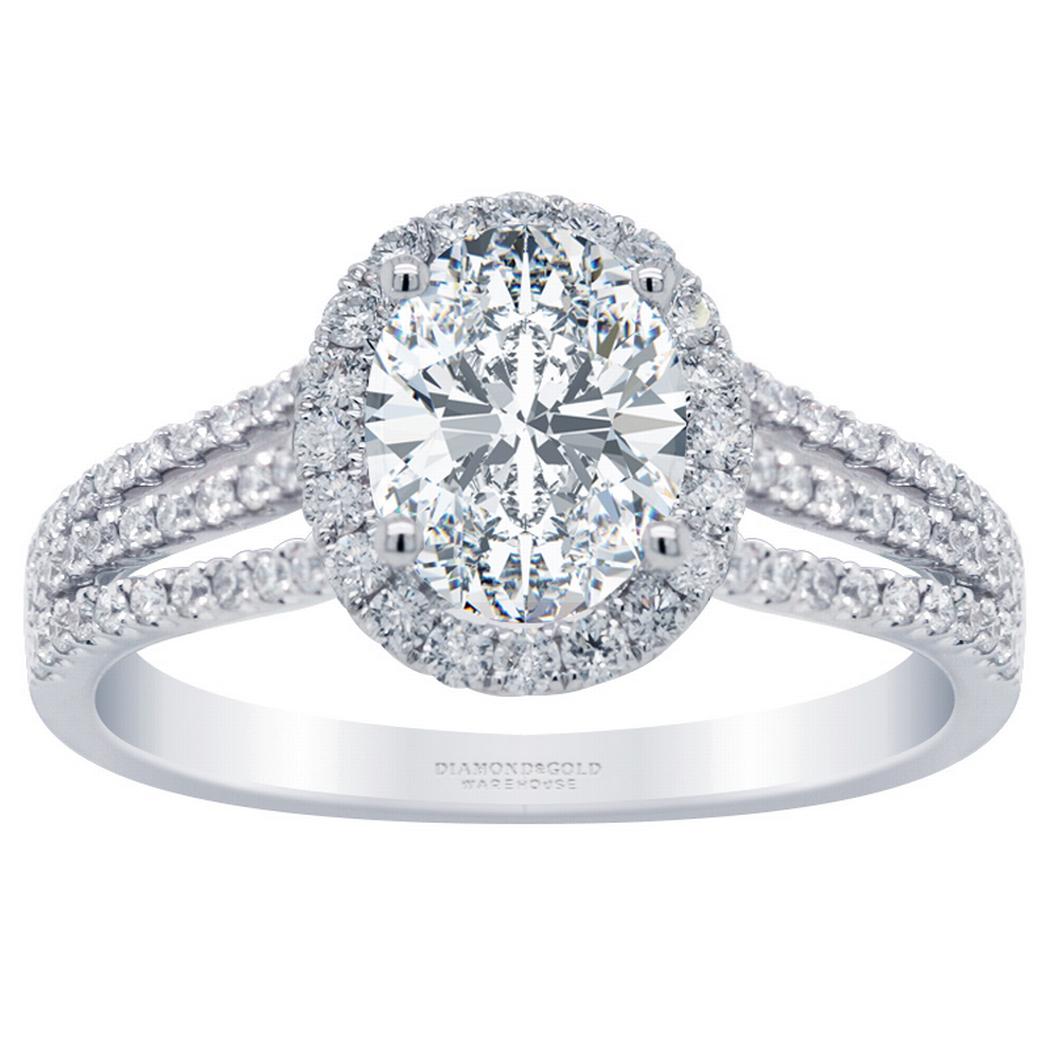Oval Diamond Halo Engagement Ring - Three Row
